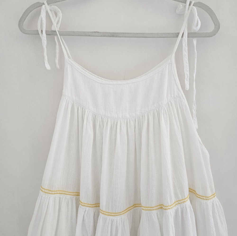 Honorine Peri White With Yellow Embroidered Strips Tiered Pouff Dress - Picture 11 of 11